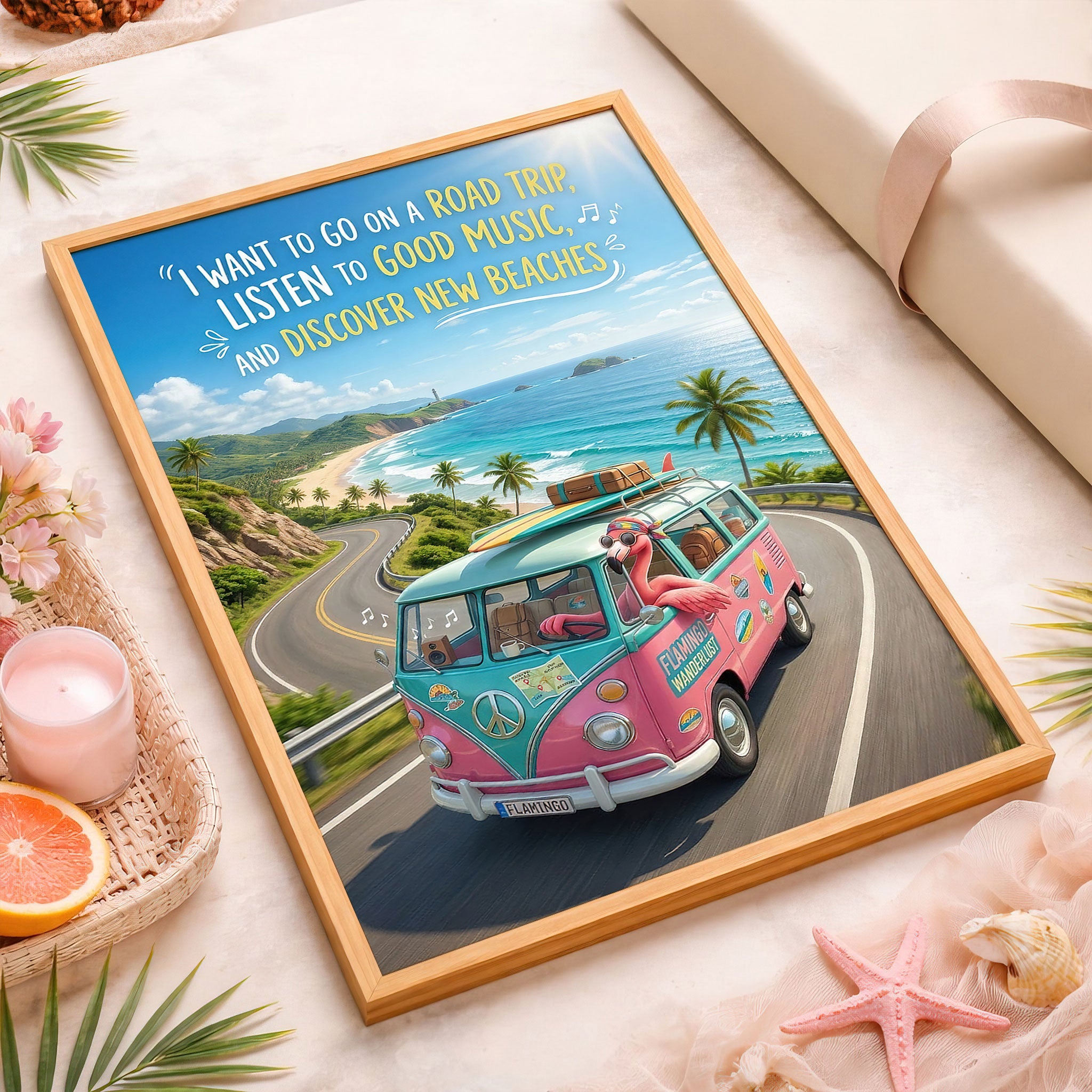 Flamingo Wanderlust Road Trip Poster – Pink Beach Travel Wall Art