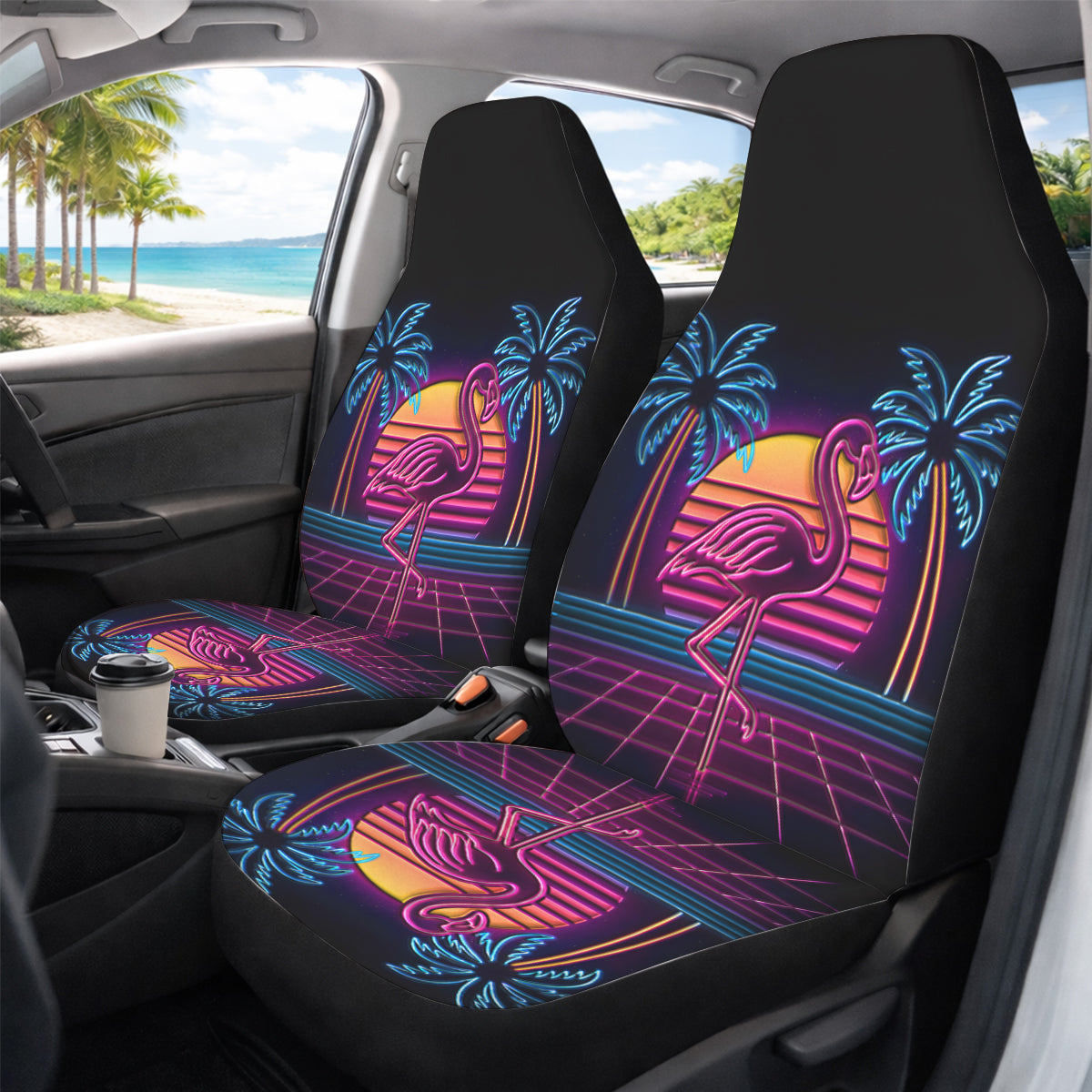 Retro Neon Flamingo Car Seat Covers - Cute Tropical Car Accessories for Women