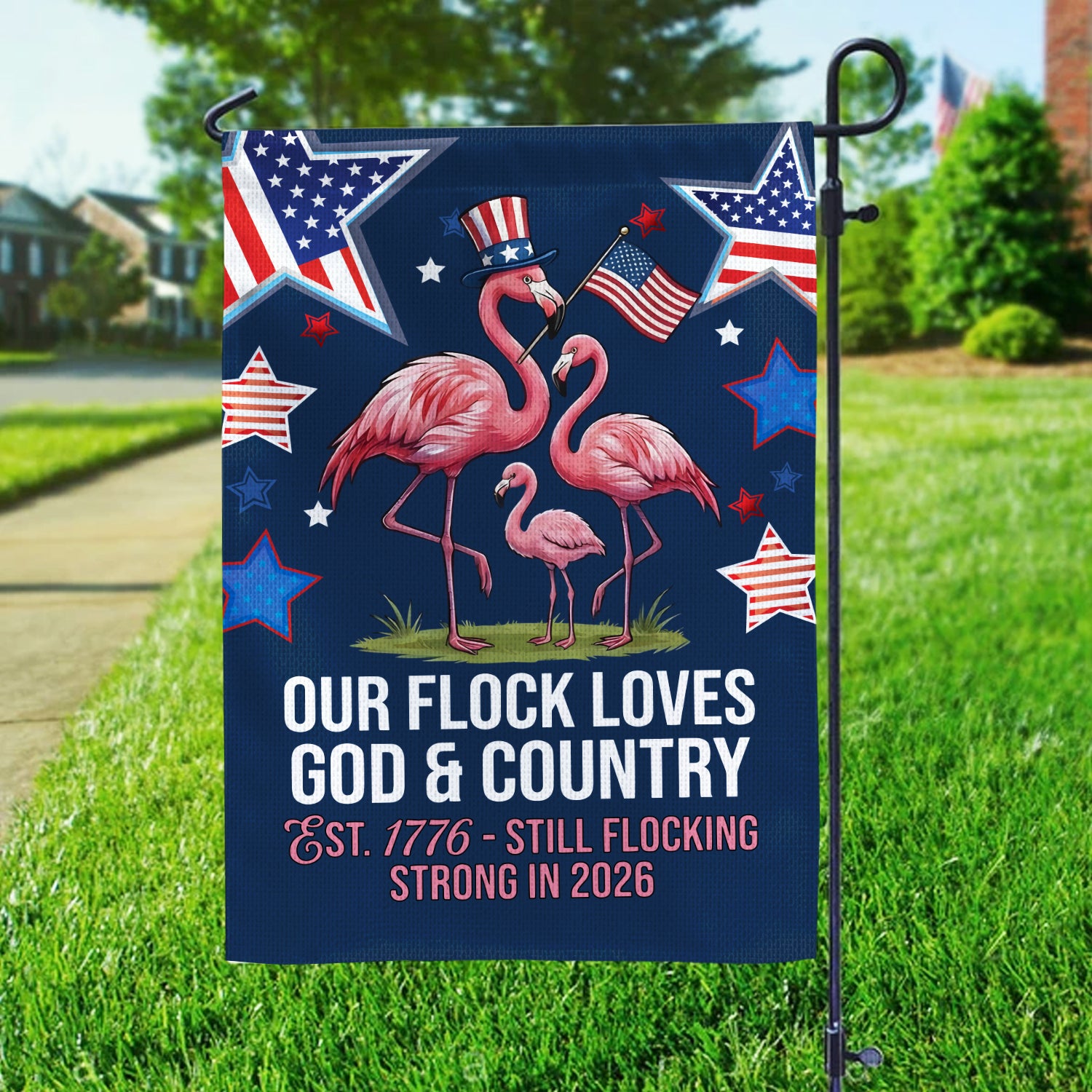 Stars & Stripes Flamingo Garden Flag - Durable Double-Sided God & Country Yard Decor