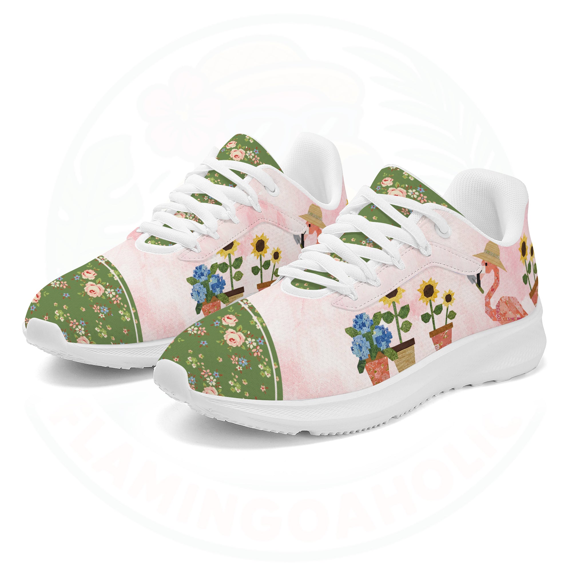 A pair of ultra-light cloud walking shoes featuring a watercolor-style flamingo wearing a straw hat among potted sunflowers and hydrangeas.