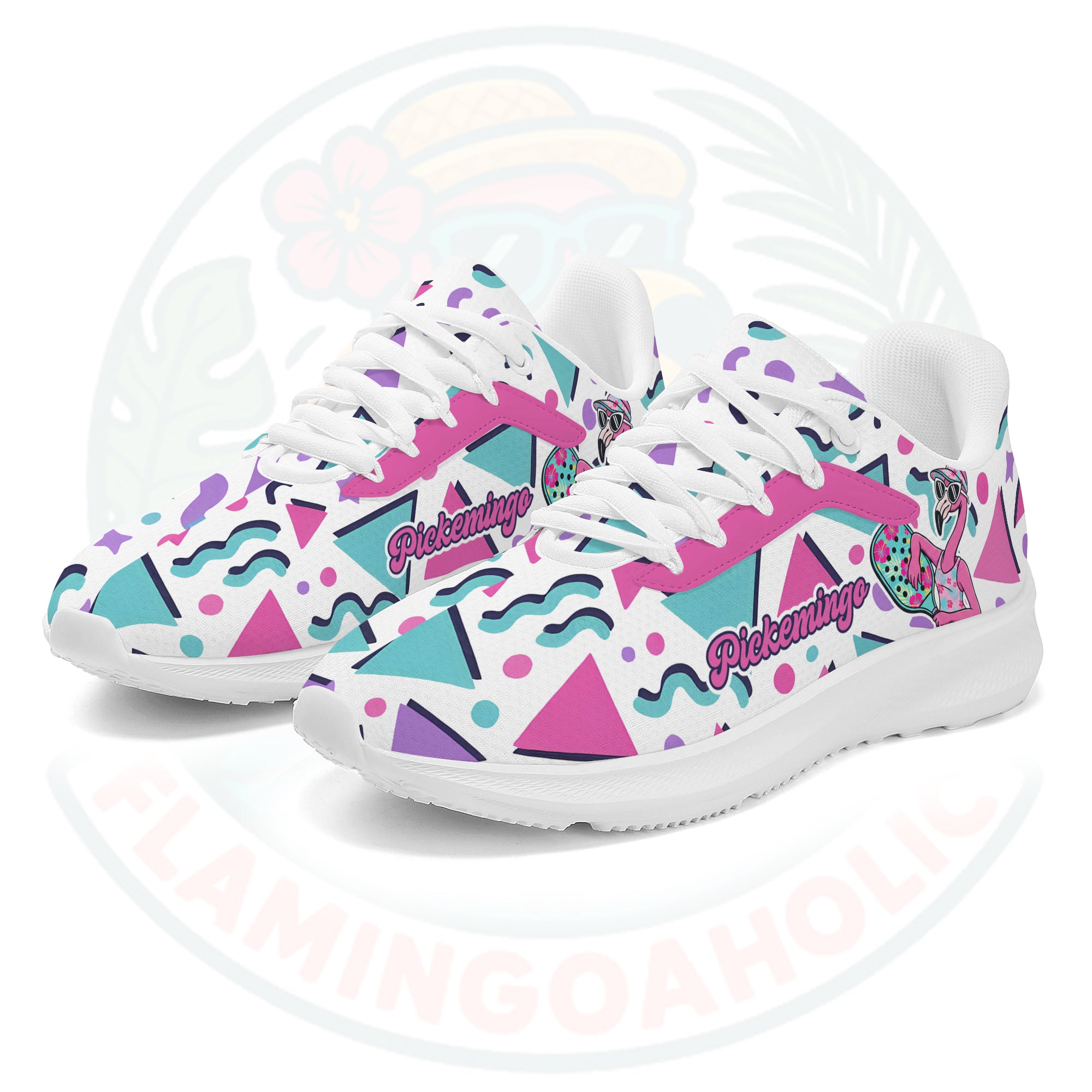 Vibrant Pickemingo cloud sneakers featuring a 90s geometric pattern in pink, teal, and purple, designed for ultra-light comfort.