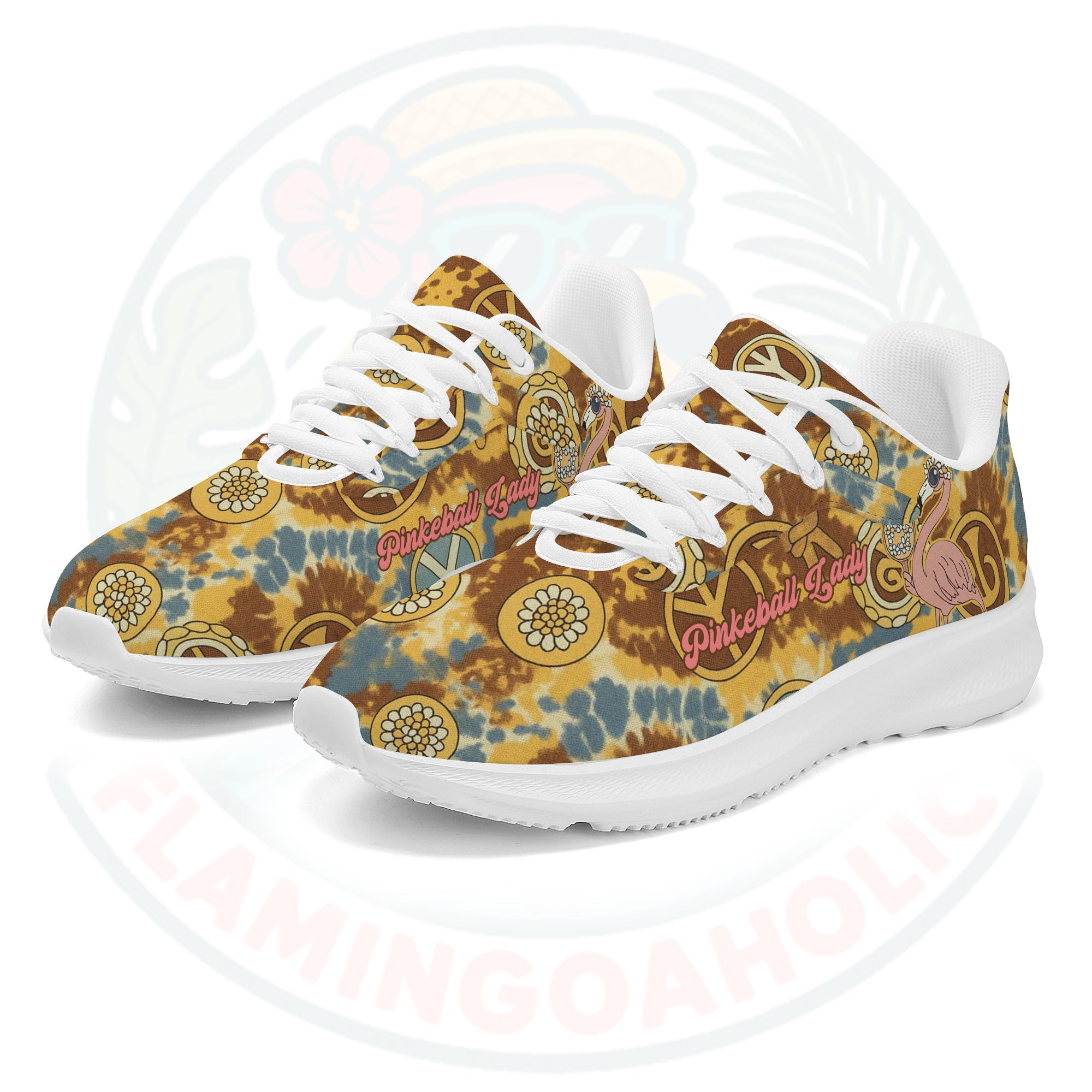 Women's Retro Tie-Dye Flamingo Pickleball Cloud Sneakers, showing the chunky white sole and groovy pattern.