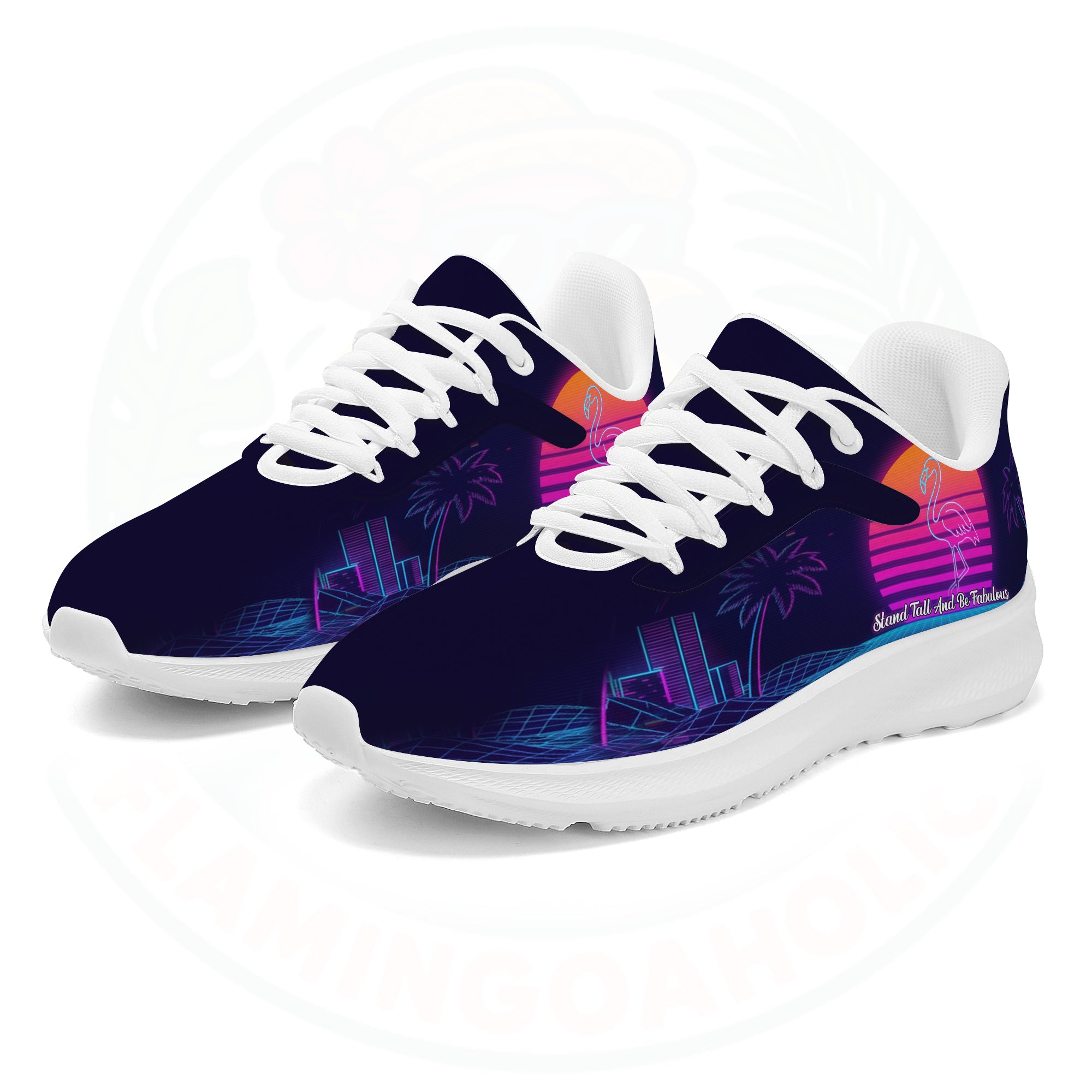 Pair of ultra-lightweight sneakers featuring a retro 80s sunset design with a neon pink flamingo and electric blue city grid on a dark navy background.