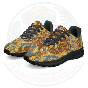 Women's Retro Tie-Dye Flamingo Pickleball Cloud Sneakers, showing the chunky white sole and groovy pattern.
