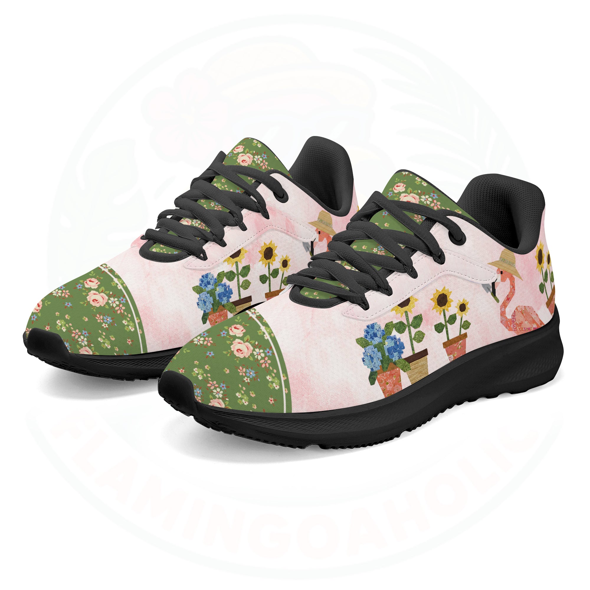 A pair of ultra-light cloud walking shoes featuring a watercolor-style flamingo wearing a straw hat among potted sunflowers and hydrangeas.