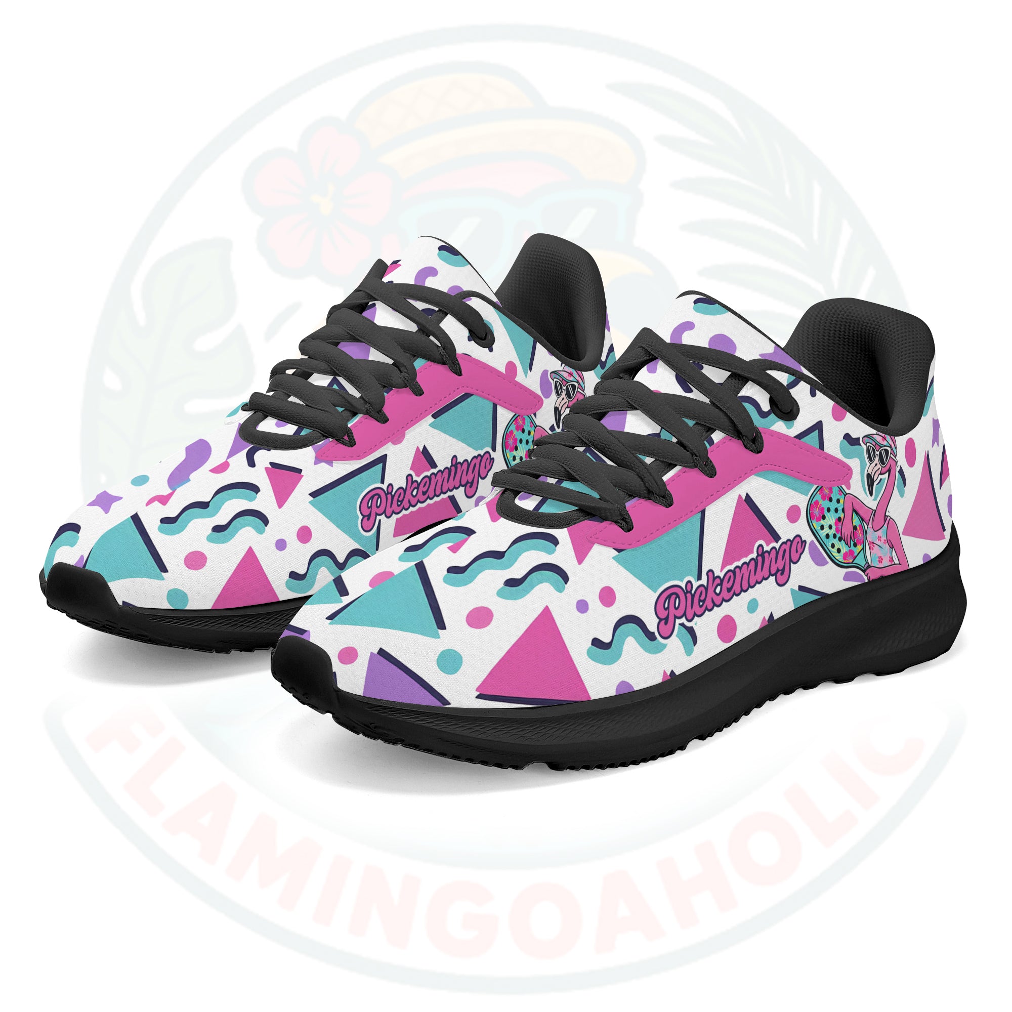Vibrant Pickemingo cloud sneakers featuring a 90s geometric pattern in pink, teal, and purple, designed for ultra-light comfort.