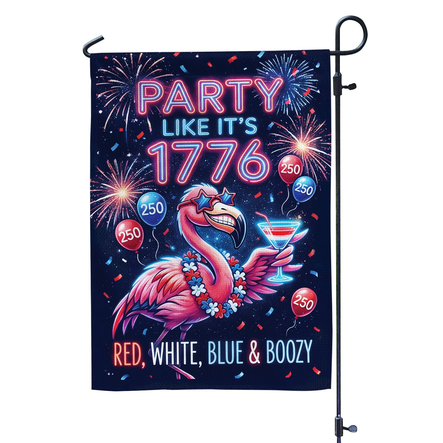Boozy Flamingo 4th of July Garden Flag - Durable Red White & Blue Yard Decor