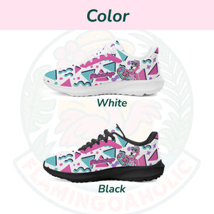 Vibrant Pickemingo cloud sneakers featuring a 90s geometric pattern in pink, teal, and purple, designed for ultra-light comfort.