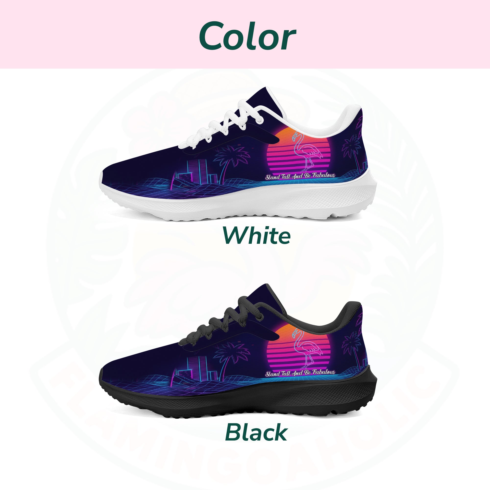 Pair of ultra-lightweight sneakers featuring a retro 80s sunset design with a neon pink flamingo and electric blue city grid on a dark navy background.