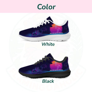 Pair of ultra-lightweight sneakers featuring a retro 80s sunset design with a neon pink flamingo and electric blue city grid on a dark navy background.