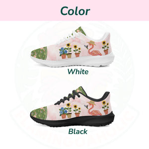 A pair of ultra-light cloud walking shoes featuring a watercolor-style flamingo wearing a straw hat among potted sunflowers and hydrangeas.