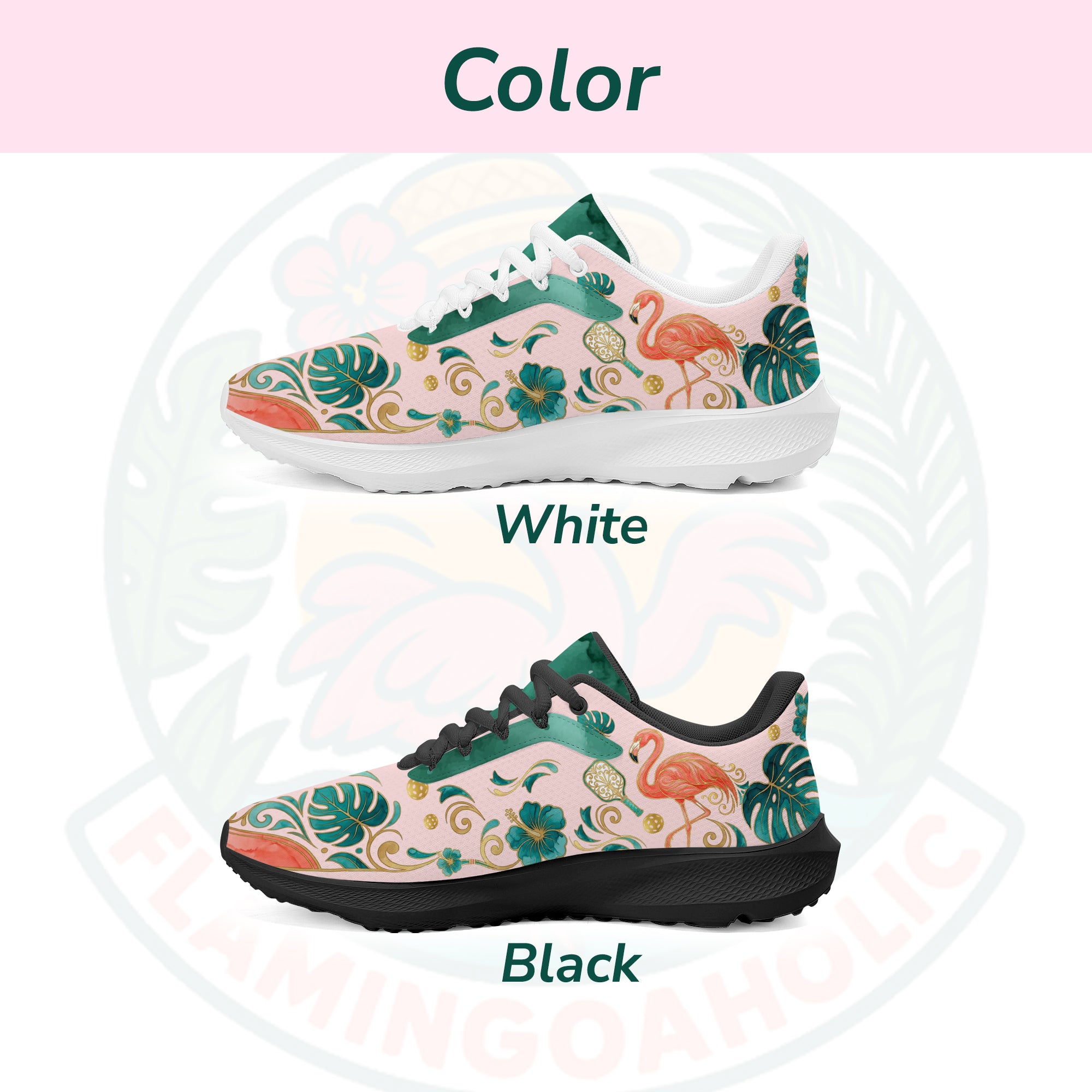 Custom Flamingo Pickleball Sneaker side profile showing personalized name and 'Dink Like A Flamingo' phrase on a pastel pink background.