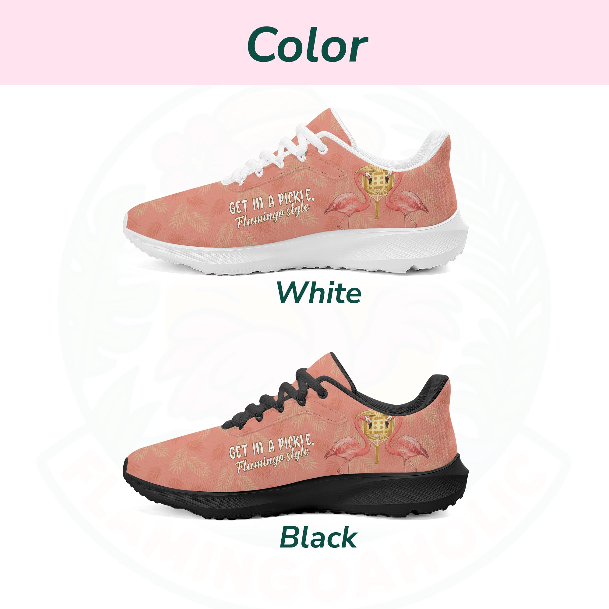 Coral pink cloud sneaker featuring tropical palm print, two flamingos in sunhats, and the text "GET IN A PICKLE, Flamingo style."