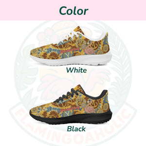 Women's Retro Tie-Dye Flamingo Pickleball Cloud Sneakers, showing the chunky white sole and groovy pattern.