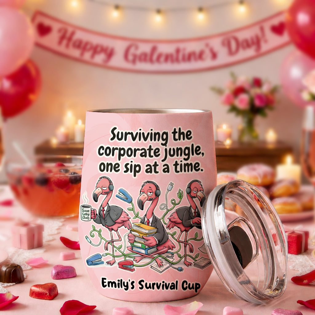 Funny Personalized Office Flamingo Wine Tumbler - Surviving the Corporate Jungle Gift