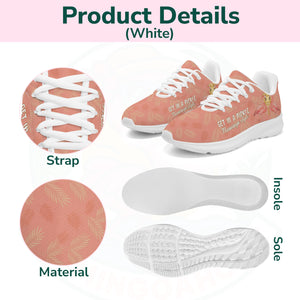 Coral pink cloud sneaker featuring tropical palm print, two flamingos in sunhats, and the text "GET IN A PICKLE, Flamingo style."