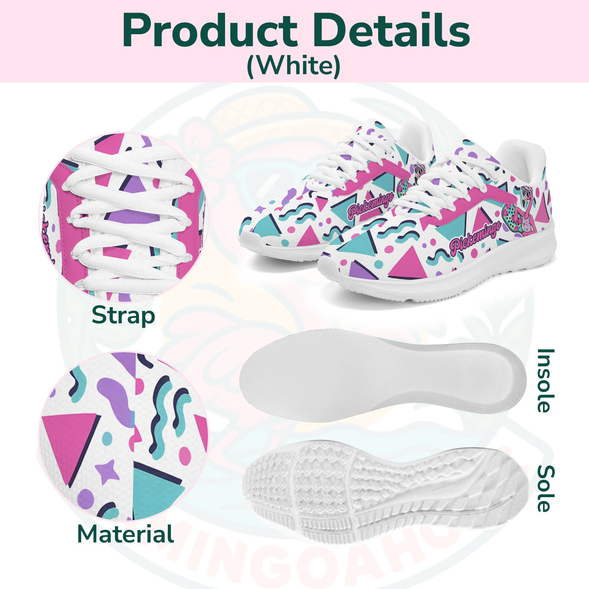 Vibrant Pickemingo cloud sneakers featuring a 90s geometric pattern in pink, teal, and purple, designed for ultra-light comfort.