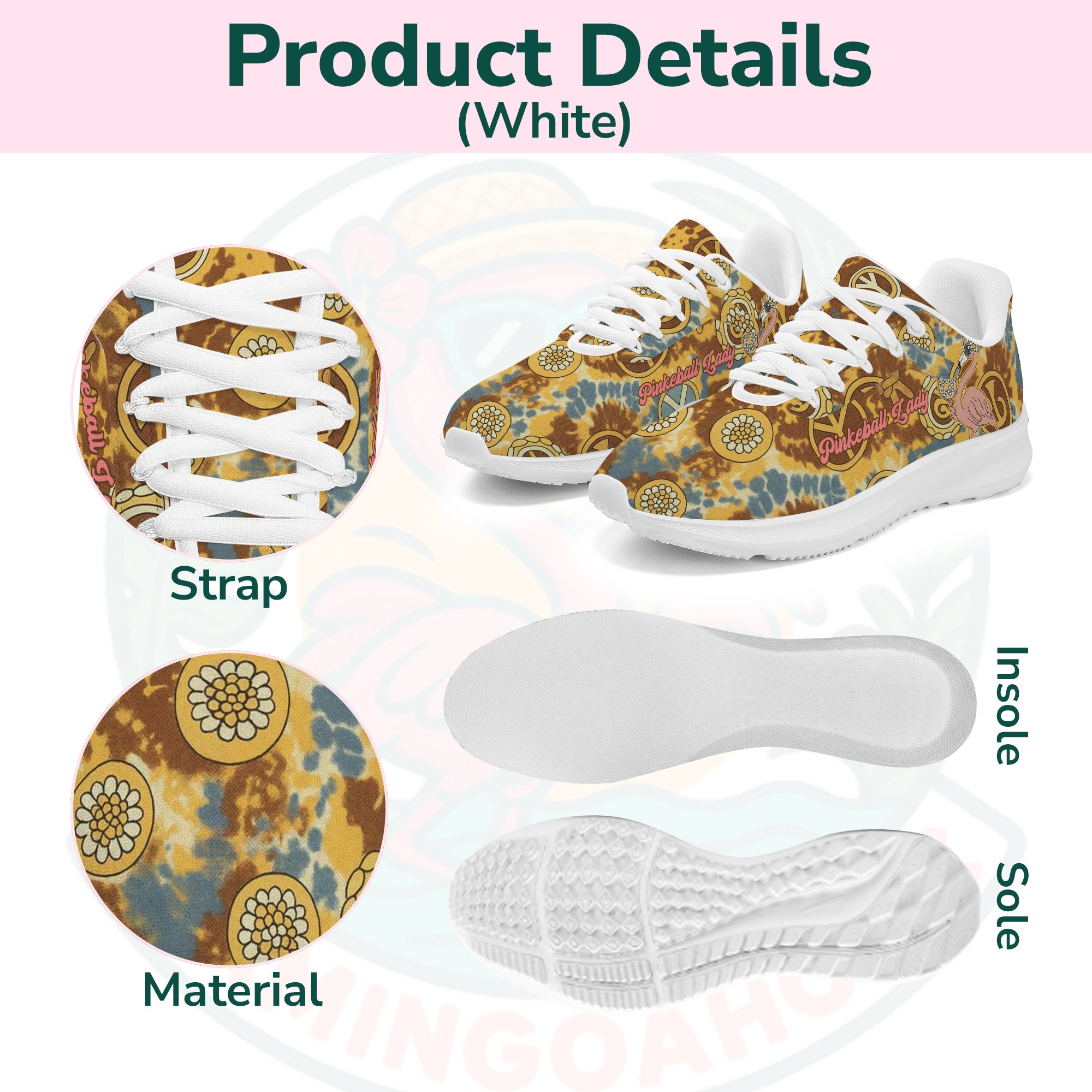 Women's Retro Tie-Dye Flamingo Pickleball Cloud Sneakers, showing the chunky white sole and groovy pattern.