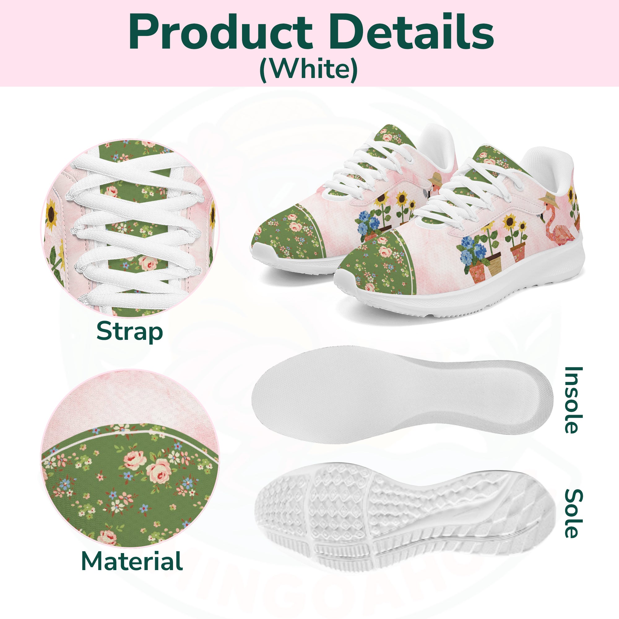 A pair of ultra-light cloud walking shoes featuring a watercolor-style flamingo wearing a straw hat among potted sunflowers and hydrangeas.