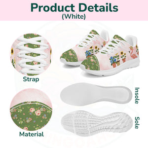A pair of ultra-light cloud walking shoes featuring a watercolor-style flamingo wearing a straw hat among potted sunflowers and hydrangeas.