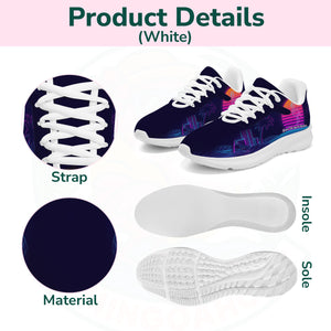 Pair of ultra-lightweight sneakers featuring a retro 80s sunset design with a neon pink flamingo and electric blue city grid on a dark navy background.