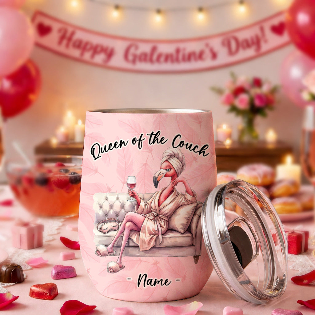 Personalized Flamingo Wine Tumbler - Queen of the Couch Custom Name Gift for Her