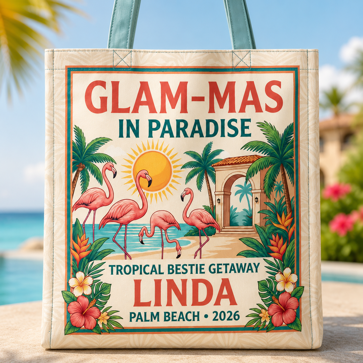 Personalized Glam-Mas in Paradise Tote Bag | Custom Tropical Beach Gift Bag