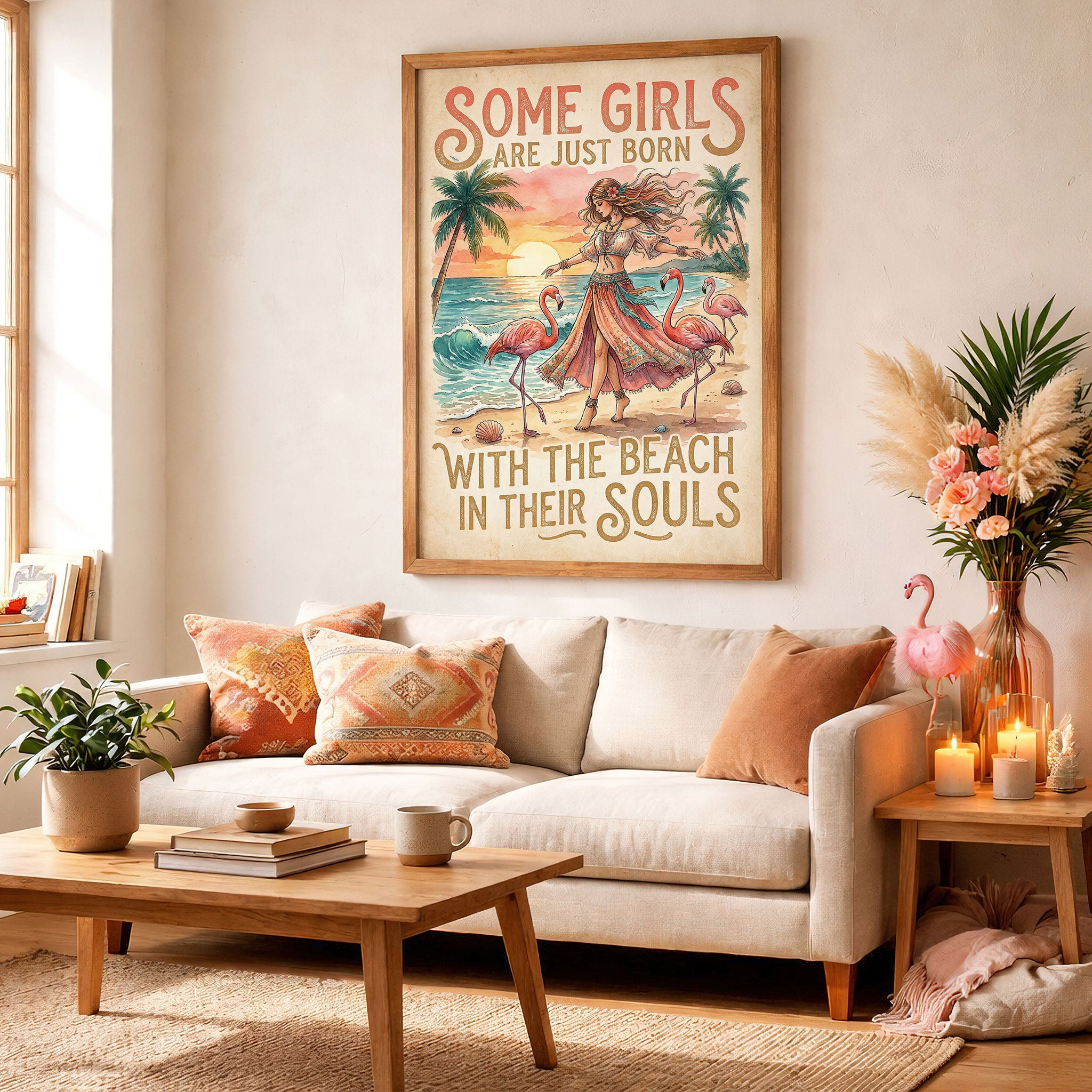 Some Girls Are Just Born With The Beach In Their Souls Poster - Boho Flamingo Coastal Wall Art for Beach Lovers
