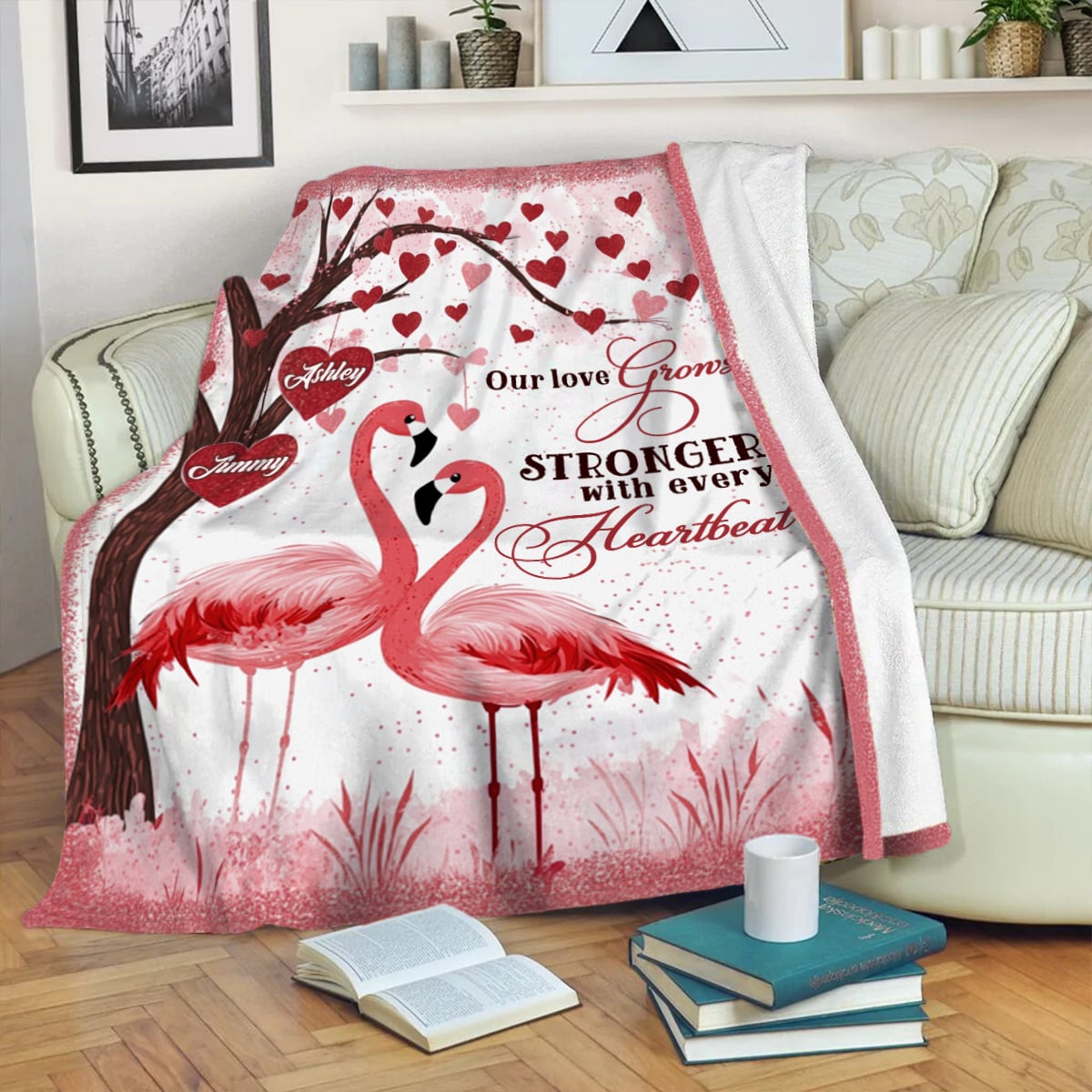 Personalized Flamingo Couple Fleece Blanket – “Our Love Grows Stronger” Custom Name Blanket, Romantic Gift for Couples