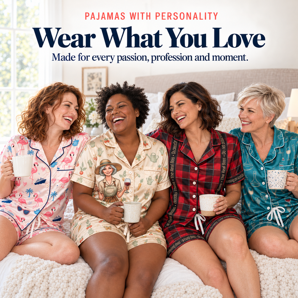 Four FlamingoAholic satin pajama designs for cruise, gardening, coffee and wine lovers