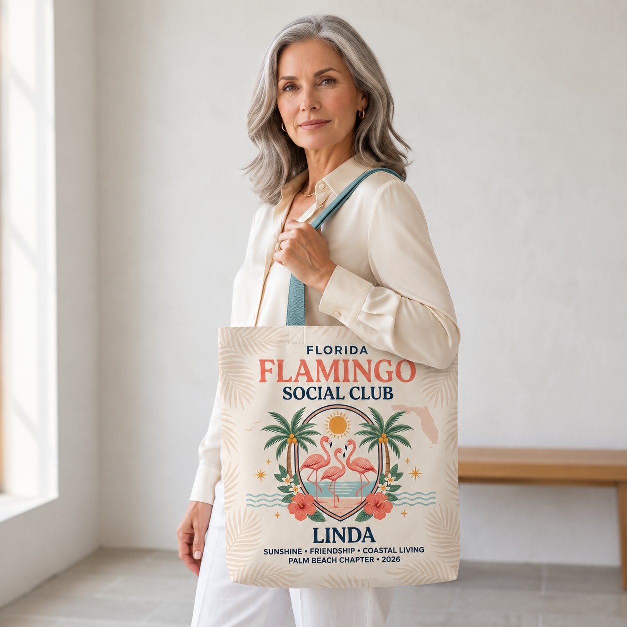 Personalized Florida Flamingo Social Club Tote Bag | Custom Beach Canvas Bag