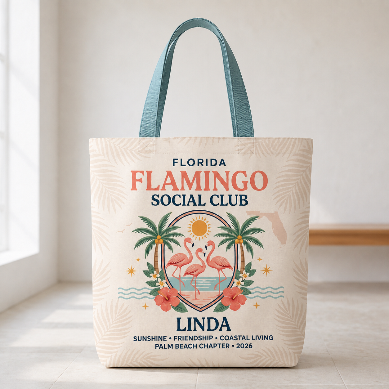 Personalized Florida Flamingo Social Club Tote Bag | Custom Beach Canvas Bag