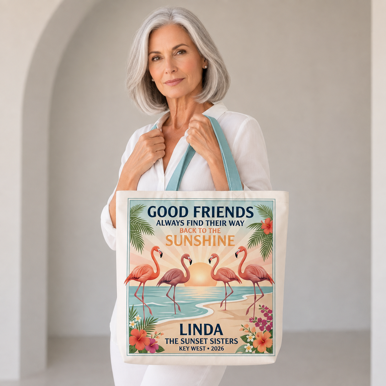 Personalized Good Friends Sunshine Tote Bag | Custom Flamingo Beach Canvas Tote