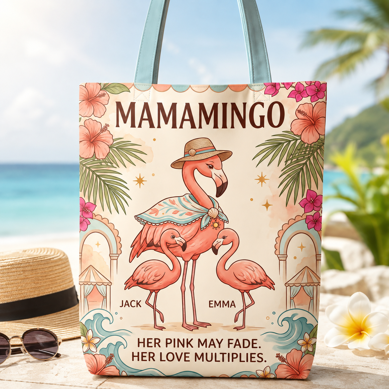Personalized Mamamingo Tote Bag | Custom Flamingo Mom Beach Canvas Shopping Bag