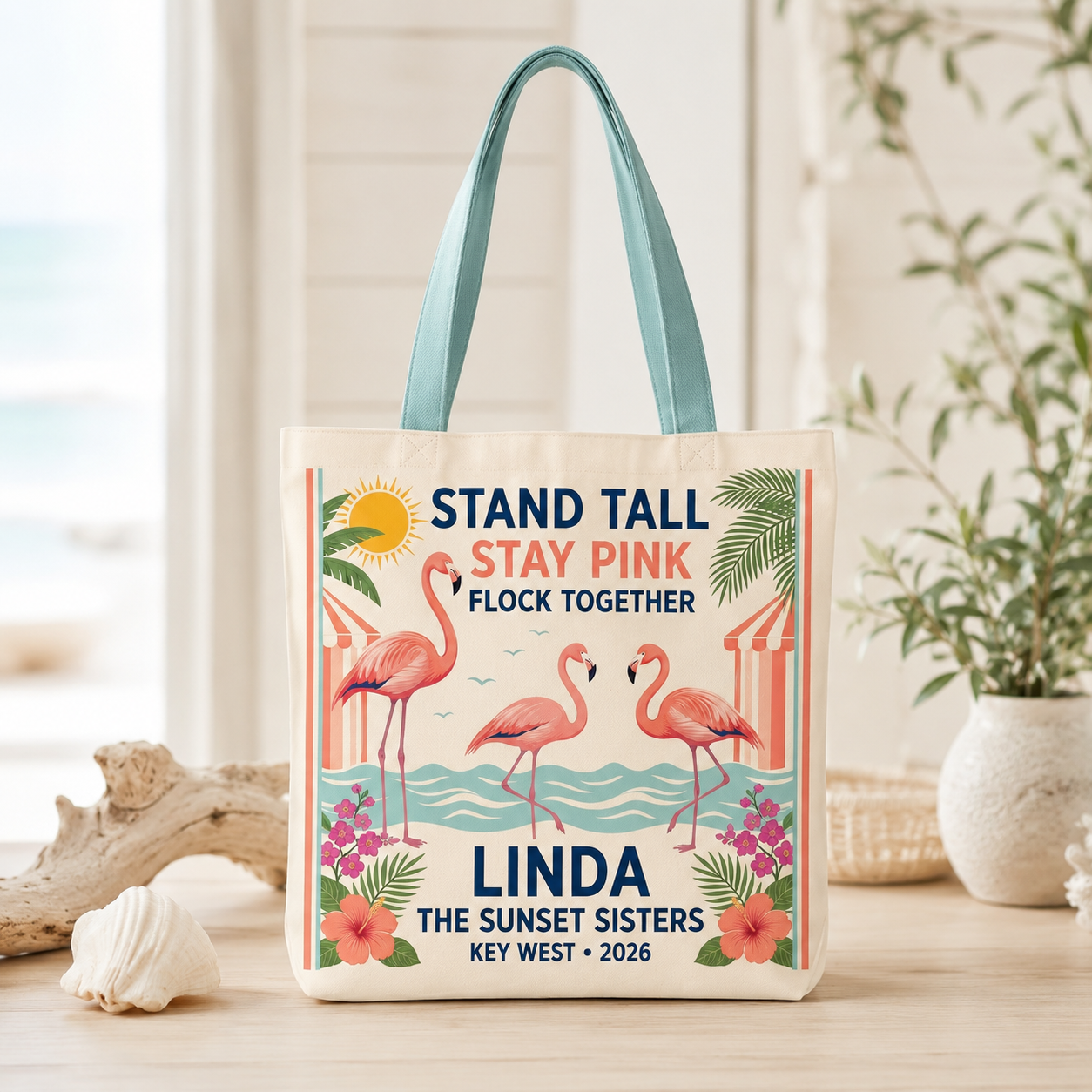 Personalized Flamingo Tote Bag | Stand Tall Stay Pink Beach Canvas Shopping Bag