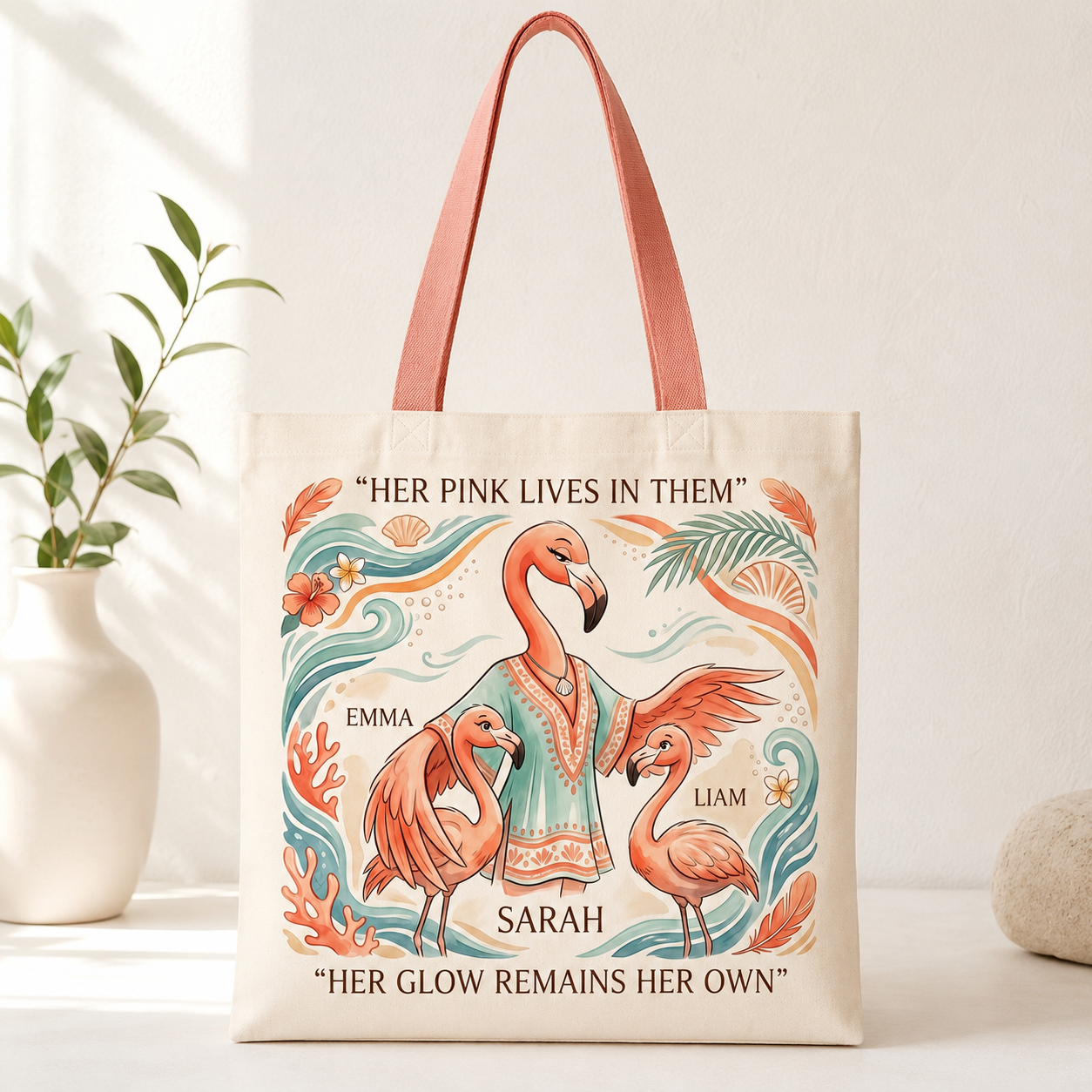 Personalized Flamingo Mom Tote Bag | Custom Mother & Kids Beach Canvas Shopping Bag