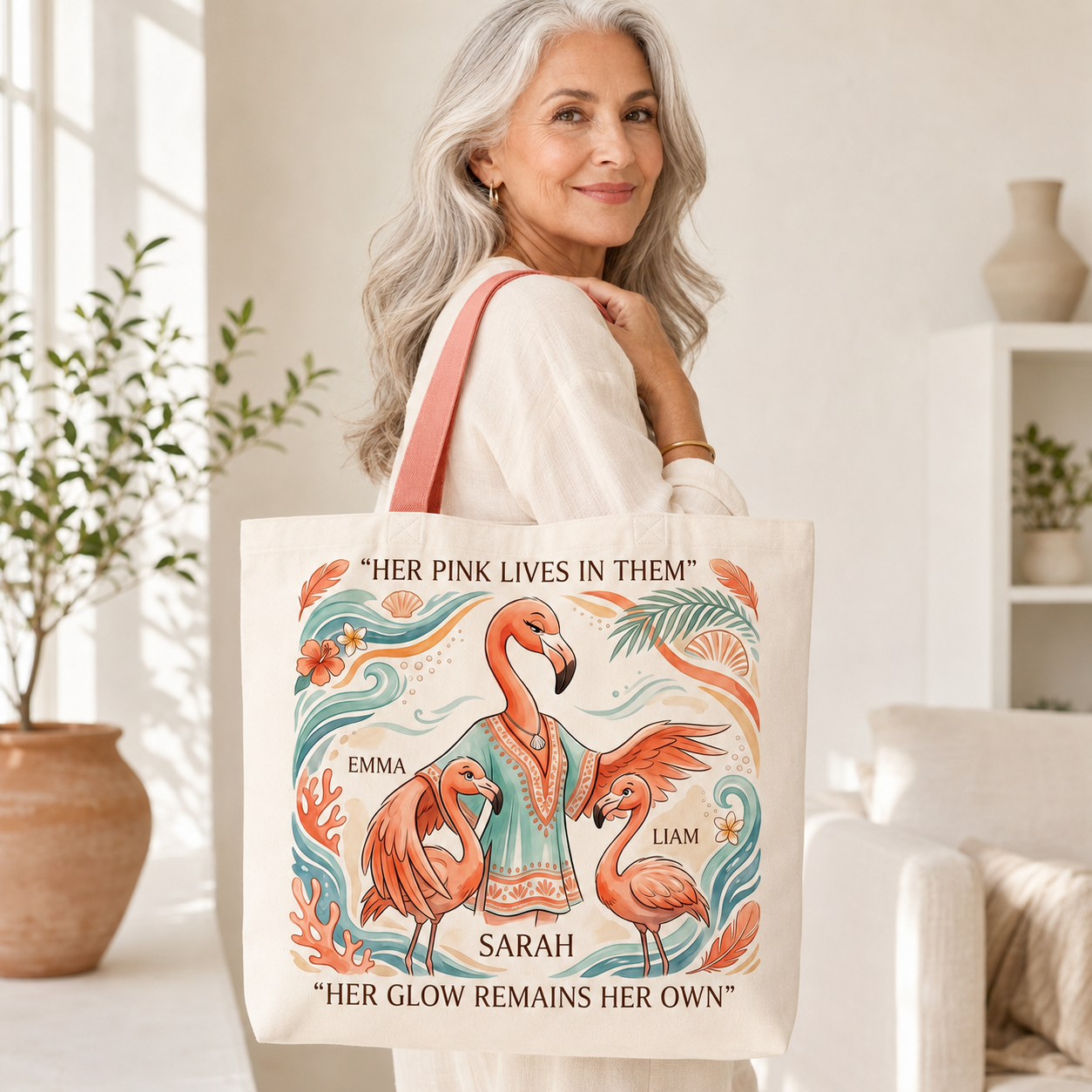 Personalized Flamingo Mom Tote Bag | Custom Mother & Kids Beach Canvas Shopping Bag
