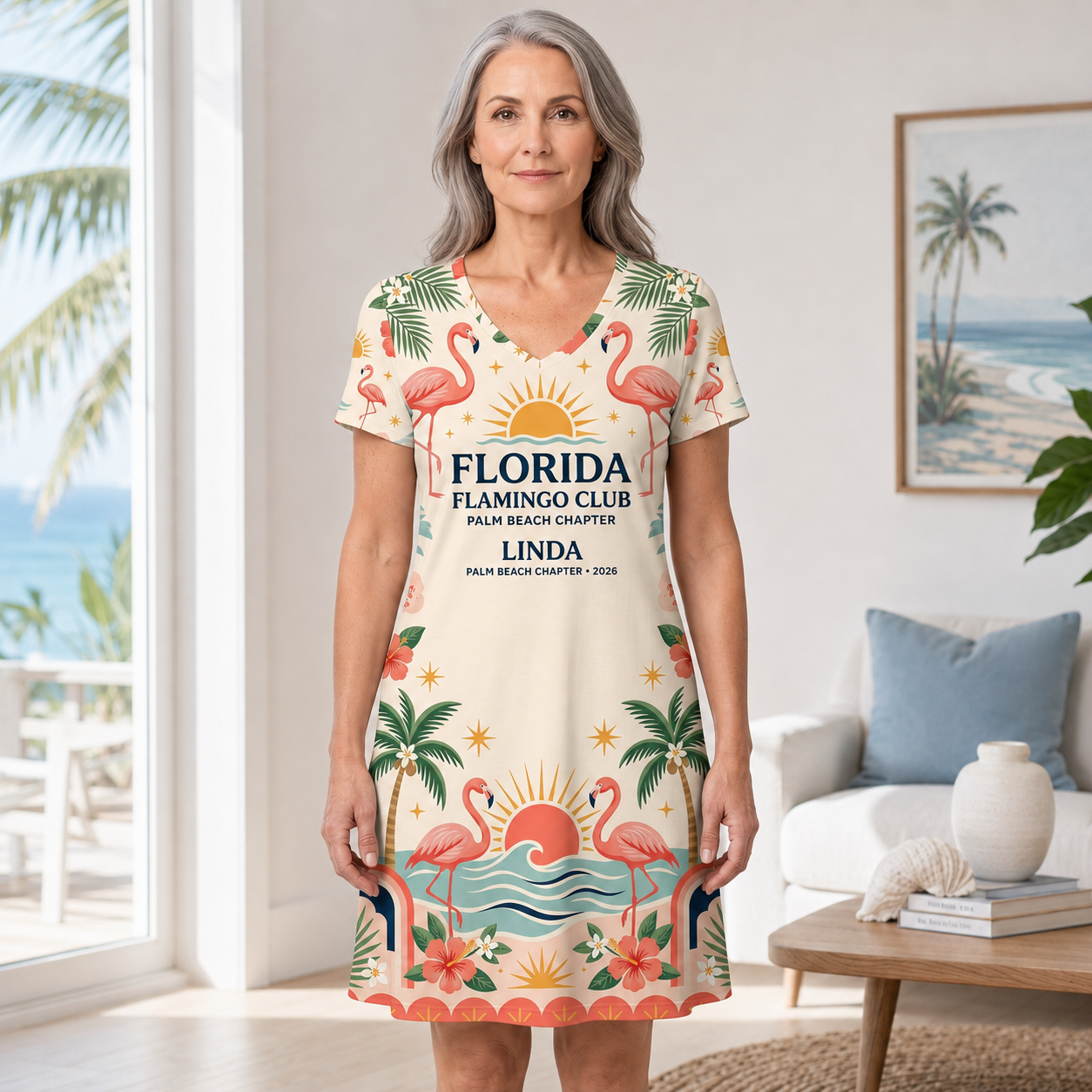 Personalized Florida Flamingo Club Women's V-Neck Dress | Palm Beach Coastal Dress