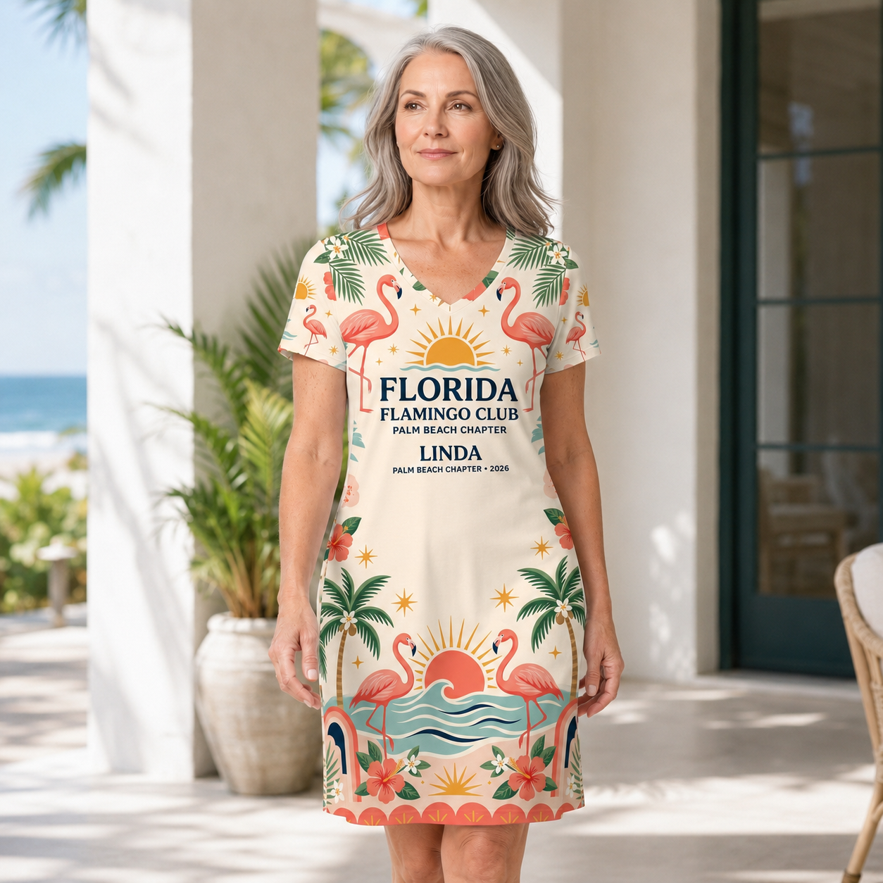 Personalized Florida Flamingo Club Women's V-Neck Dress | Palm Beach Coastal Dress