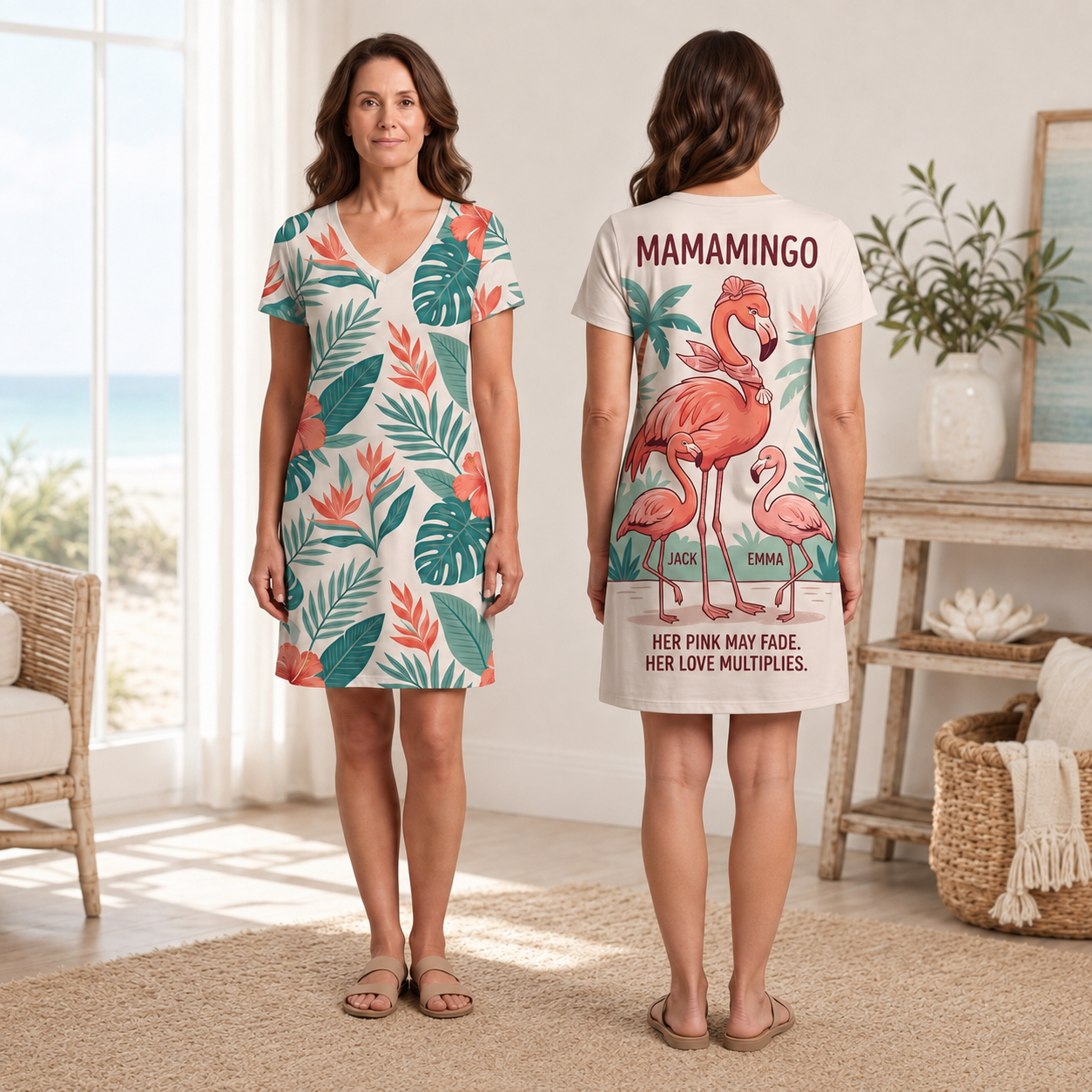 Personalized Mamamingo Women's Fine Jersey V-Neck Dress | Custom Mom Flamingo Dress