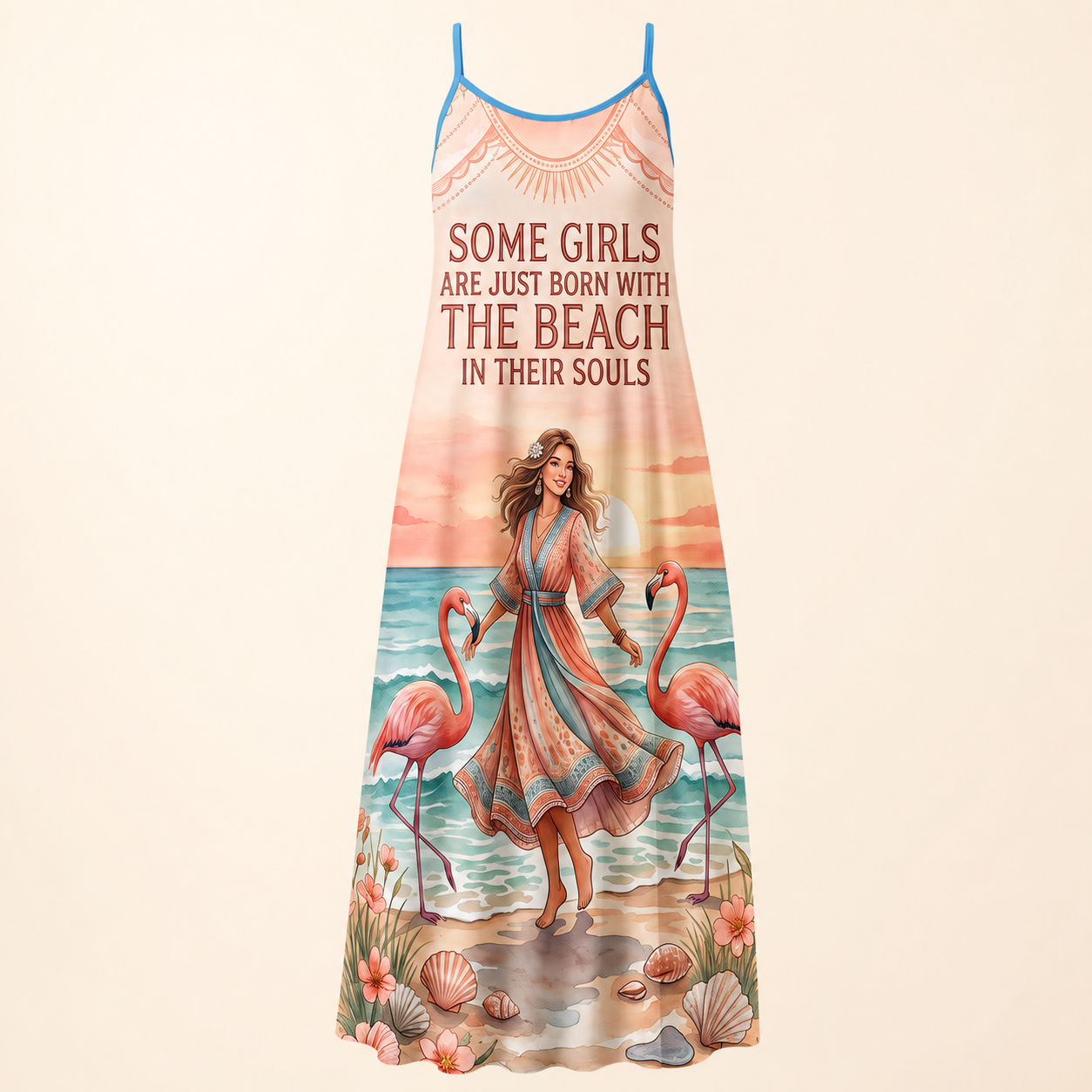 Beach Soul Maxi Dress, Flamingo Coastal Dress for Women, Flowy Beach Vacation Dress