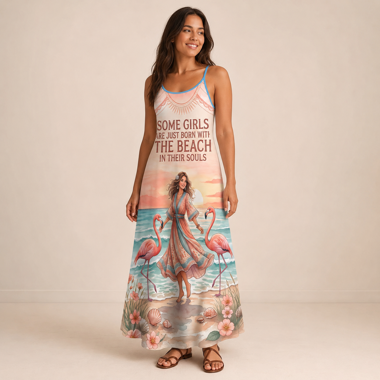 Beach Soul Maxi Dress, Flamingo Coastal Dress for Women, Flowy Beach Vacation Dress