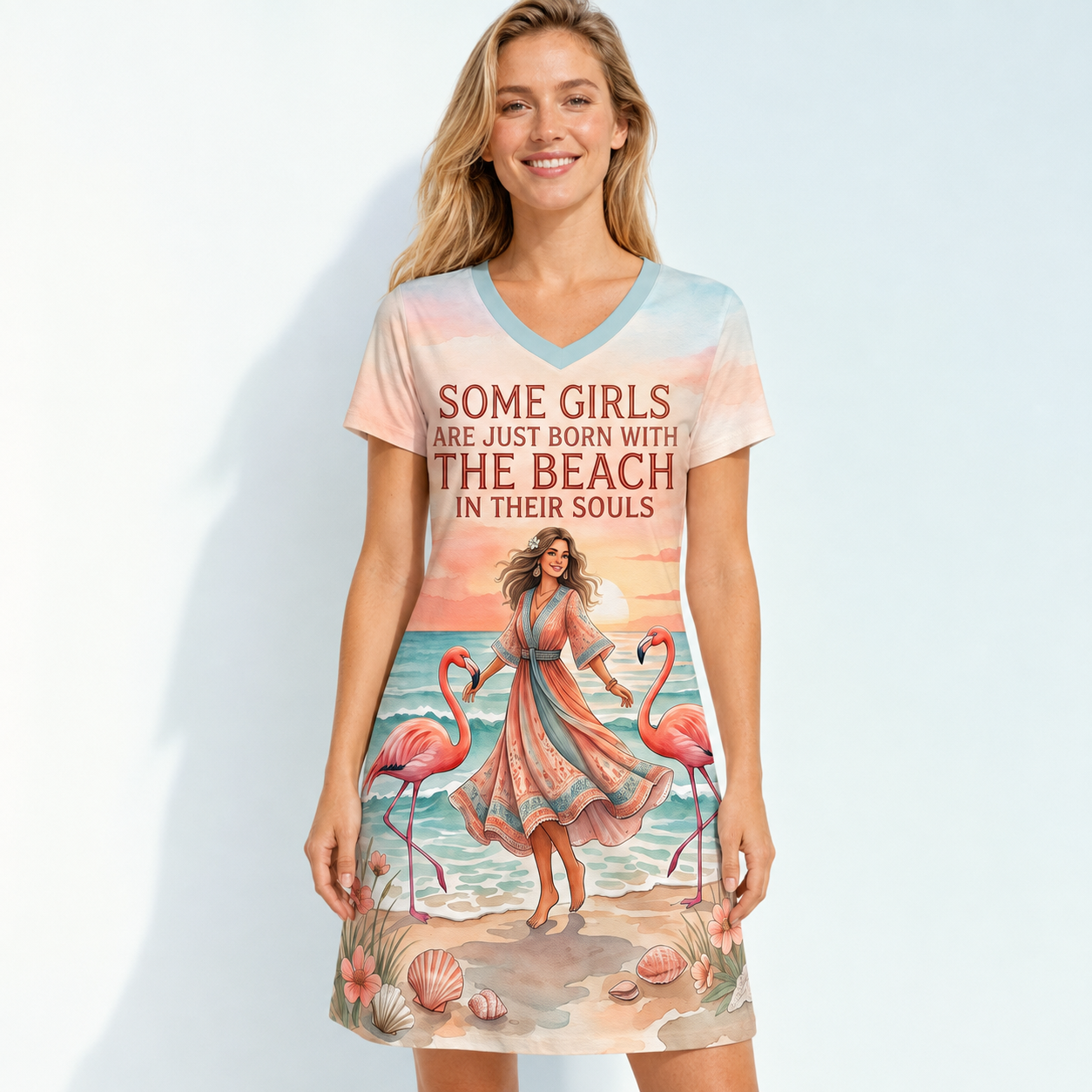 Beach Soul Women's Fine Jersey V-Neck Dress | Flamingo Coastal Sunset Dress