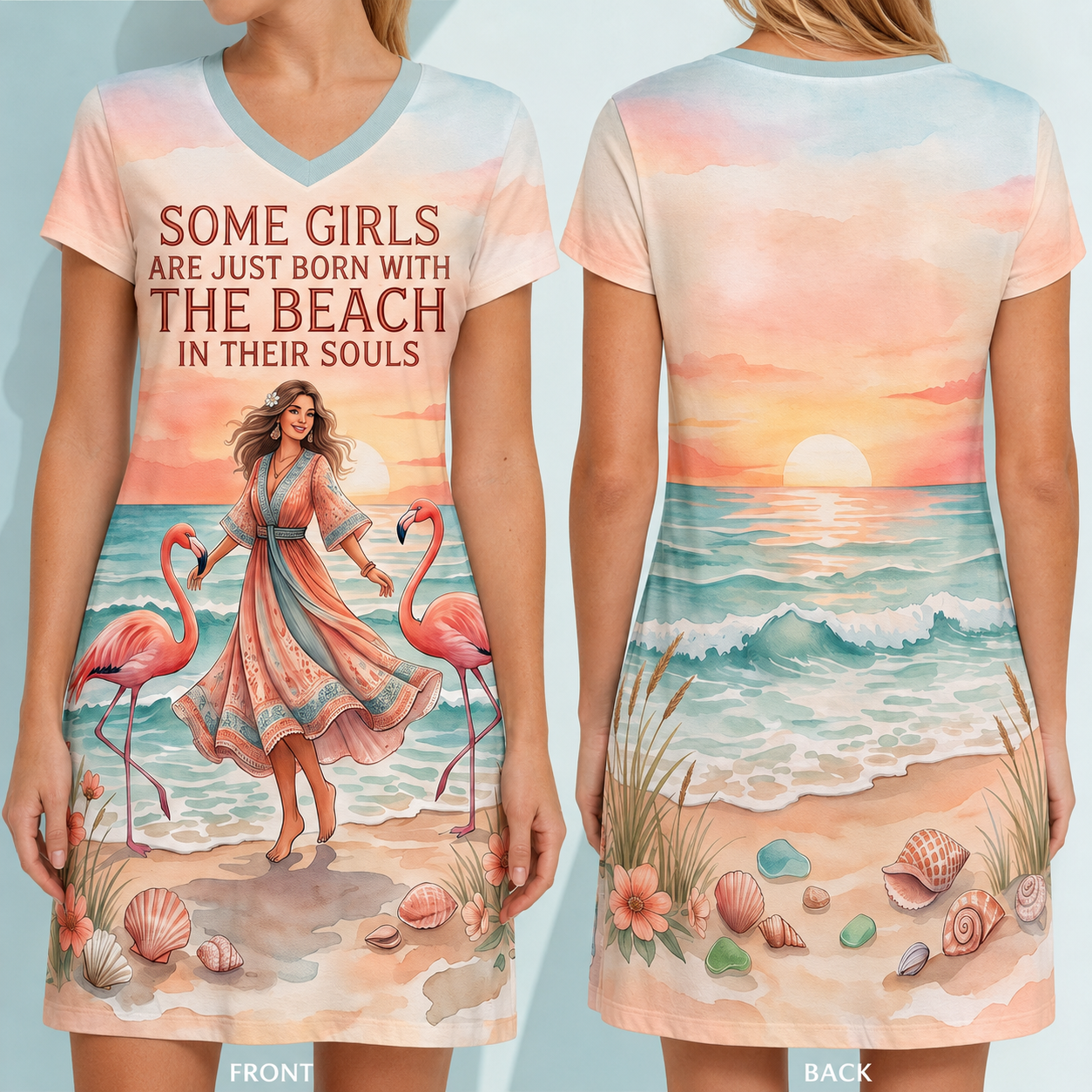 Beach Soul Women's Fine Jersey V-Neck Dress | Flamingo Coastal Sunset Dress