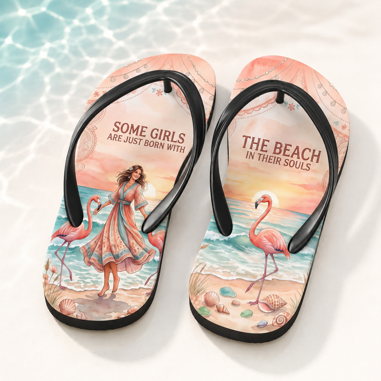 Beach Soul Flip Flops, Flamingo Beach Sandals for Women, Coastal Summer Shoes, Beach Lover Gift