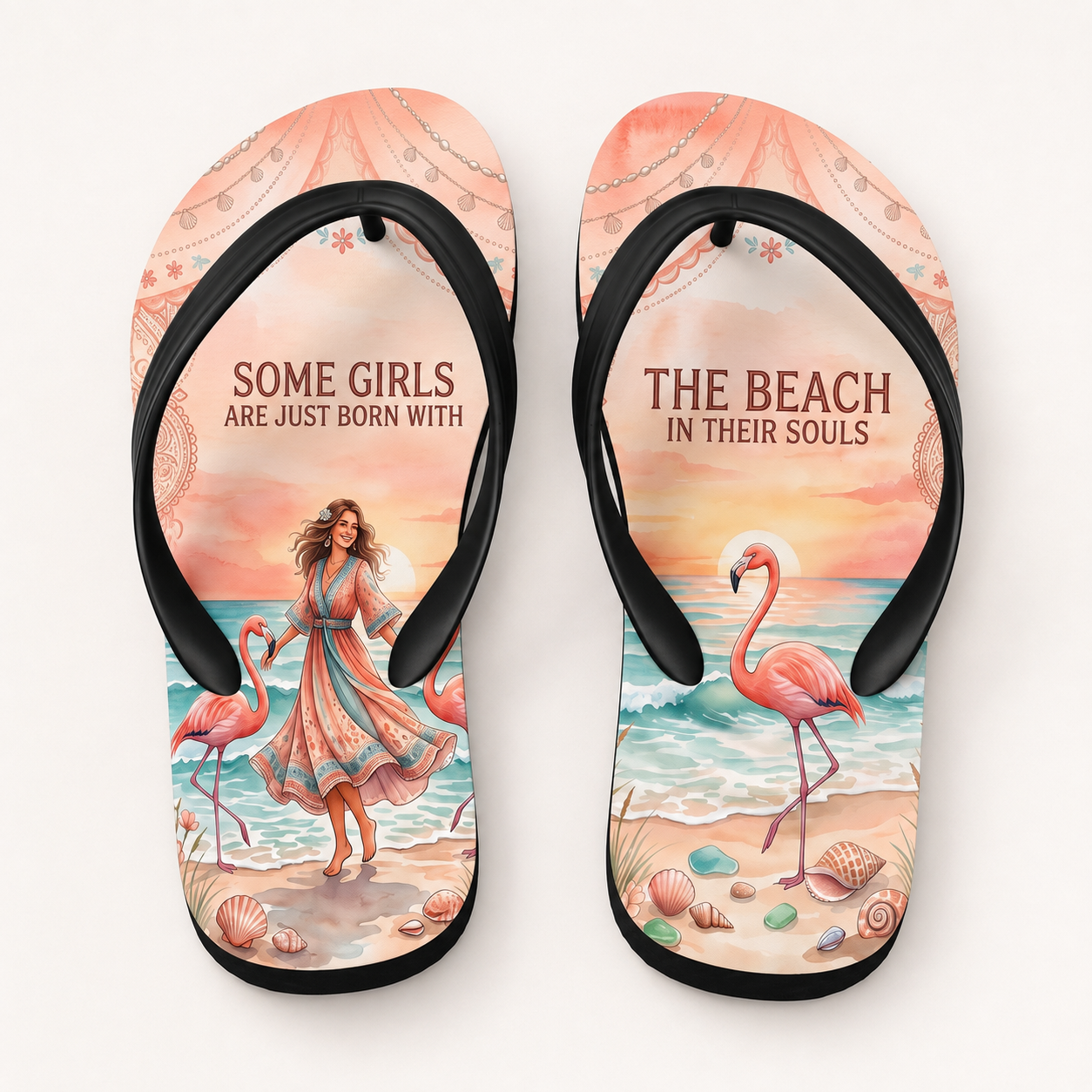 Beach Soul Flip Flops, Flamingo Beach Sandals for Women, Coastal Summer Shoes, Beach Lover Gift