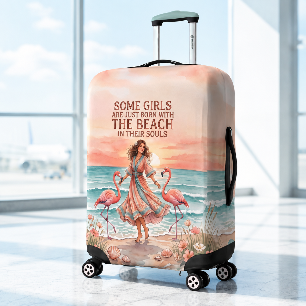Beach Soul Luggage Cover, Flamingo Suitcase Cover for Women, Coastal Travel Gift, Beach Lover Luggage Protector