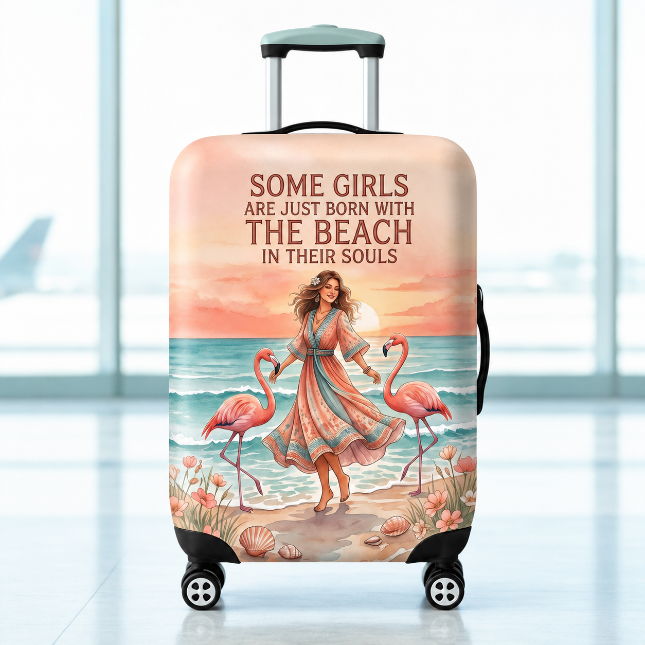 Beach Soul Luggage Cover, Flamingo Suitcase Cover for Women, Coastal Travel Gift, Beach Lover Luggage Protector