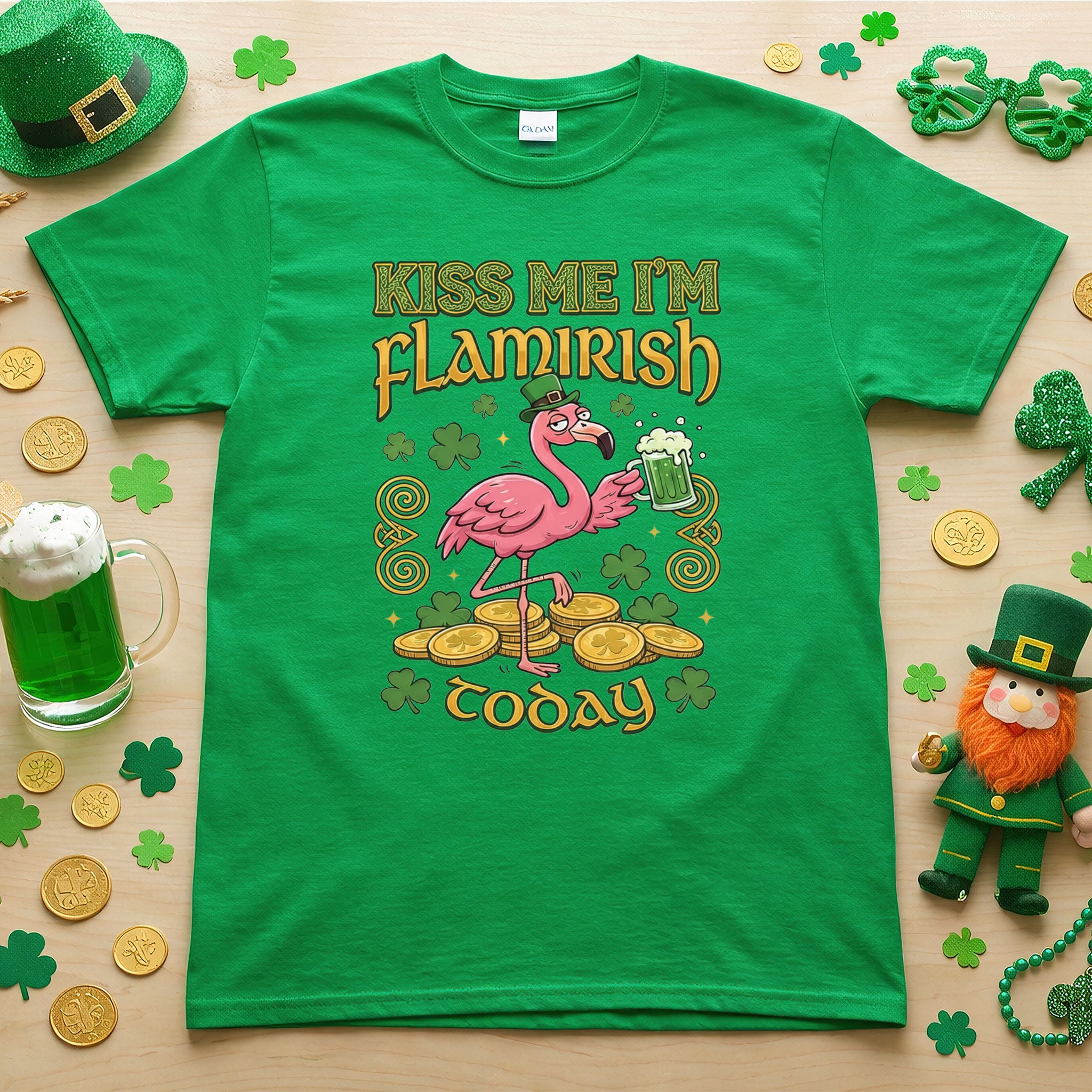 Flamingo Leprechaun 'Kiss Me I'm Flamirish Today' T-Shirt - Funny St. Patrick's Day Tee for Her