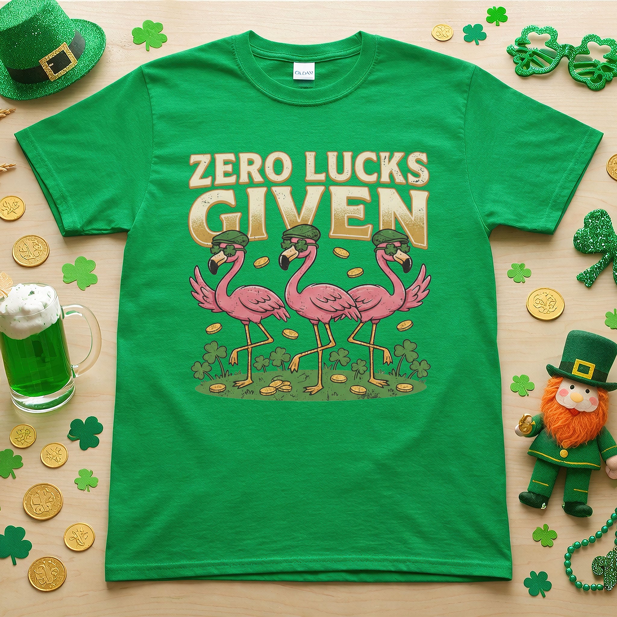 Leprechaun Flamingo Zero Lucks Given St. Patrick's Day T-Shirt - Funny Irish Beer Party Tee for Her